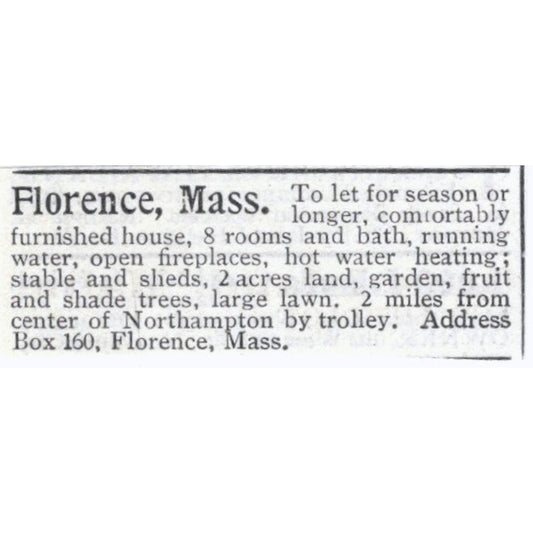 Florence Mass Home for Rent Northampton - 1903 Original Ad AK5-S33