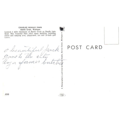 Vintage Postcard - Charles Binder Park Battle Creek Michigan AD9
