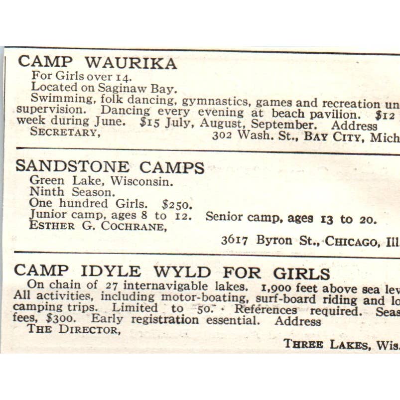c1920 Harper's Ad - Silver Lake Camps for Girls in the Adirondacks NY  EA3-1