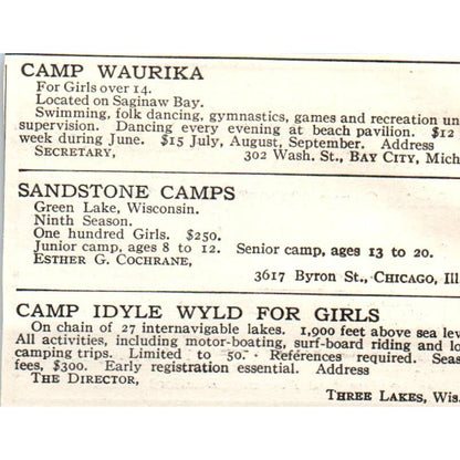 c1920 Harper's Ad - Silver Lake Camps for Girls in the Adirondacks NY  EA3-1