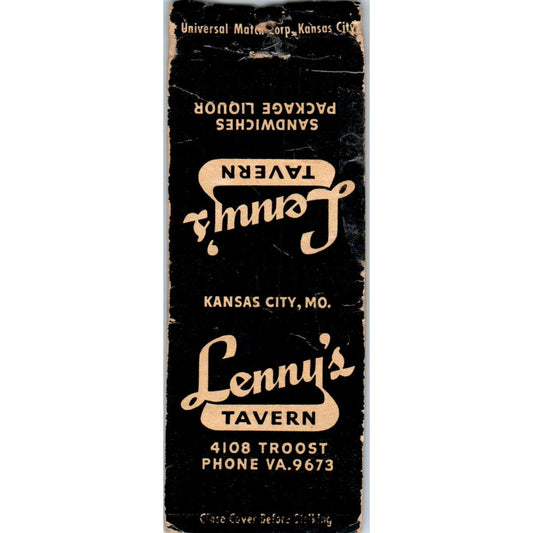 Lenny's Tavern Kansas City MO Advertising Matchbook Cover SA9-M1