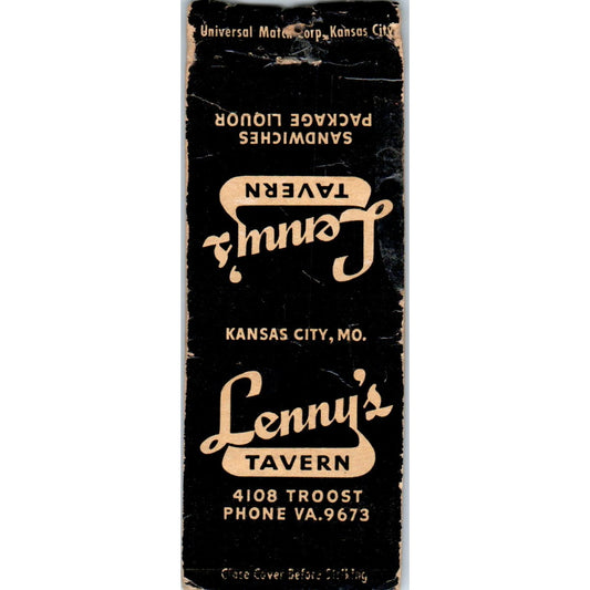 Lenny's Tavern Kansas City MO Advertising Matchbook Cover MM9-5