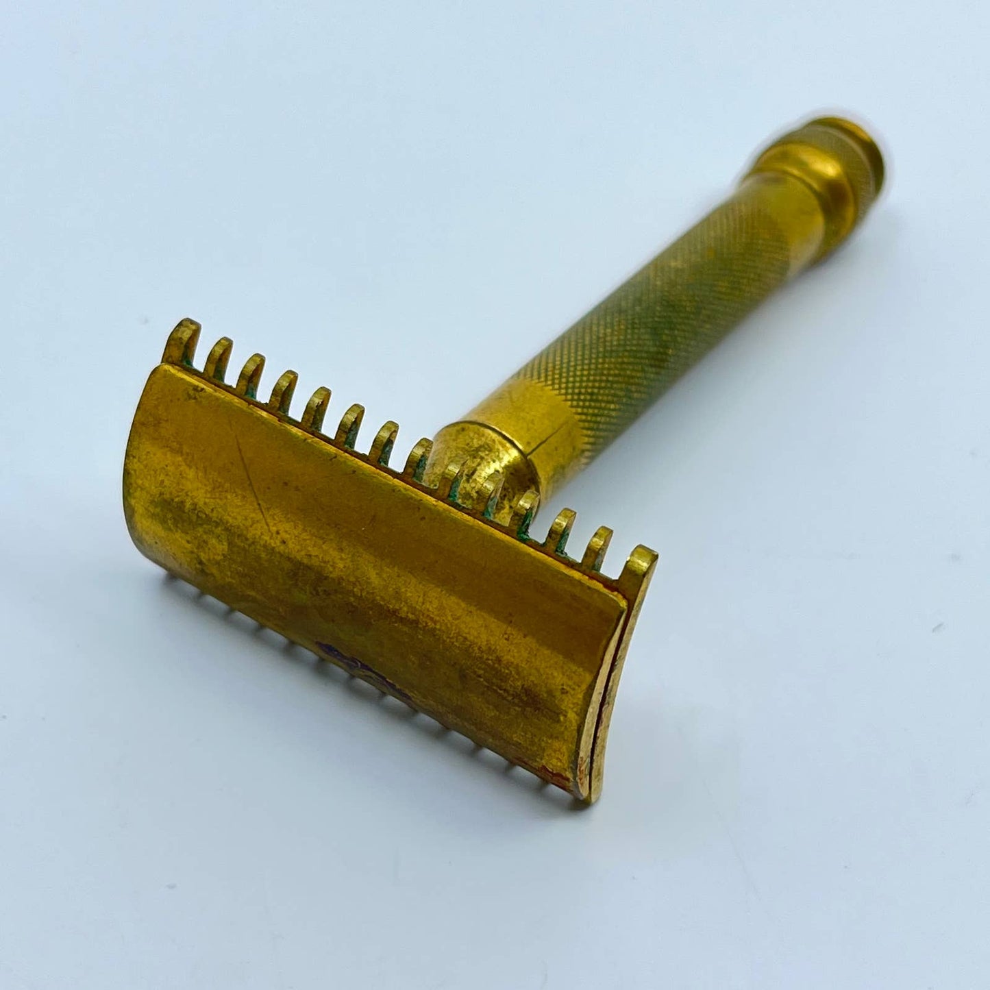 1920s Gillette Open Comb Ball Handle Double Safety Razor Brass Tone w Blades SC3