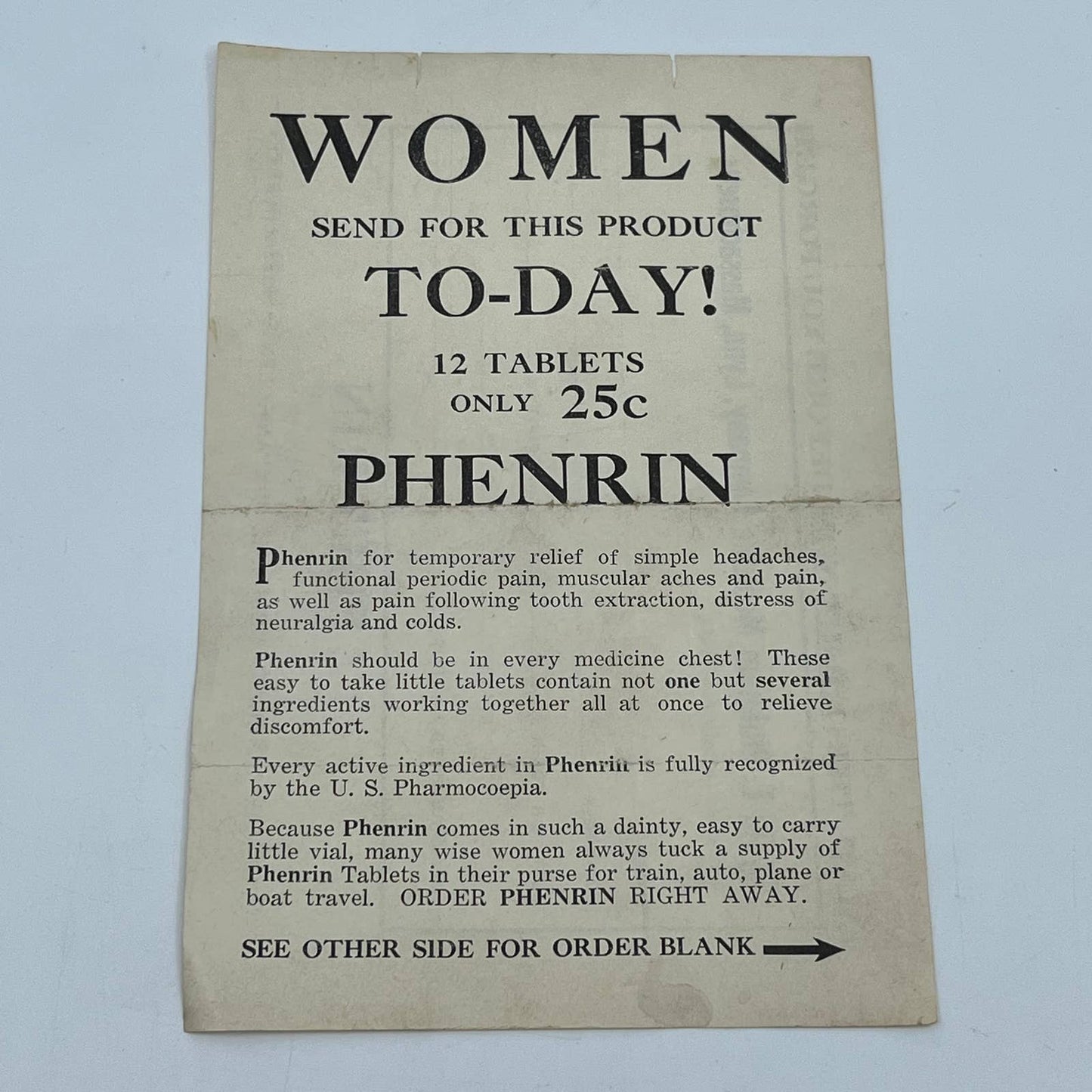 Antique Woman’s Phenrin Early Asprin Order Form Pinkham Medicine Co. Lynn MA D3