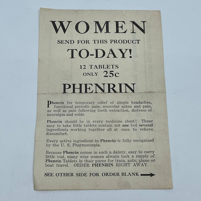 Antique Woman’s Phenrin Early Asprin Order Form Pinkham Medicine Co. Lynn MA D3