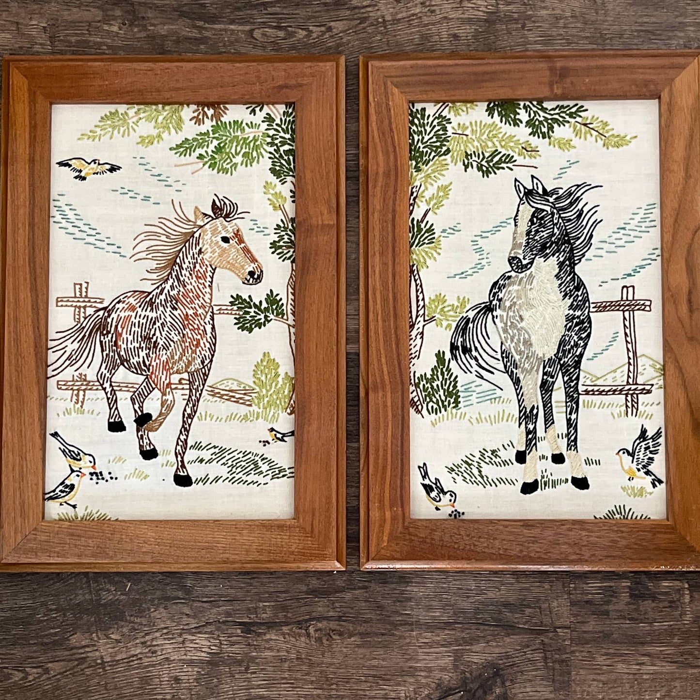 1980s Original Art Horses Embroidery Crewel Set of 2 Walnut Frame 11x17"