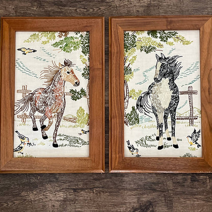 1980s Original Art Horses Embroidery Crewel Set of 2 Walnut Frame 11x17"