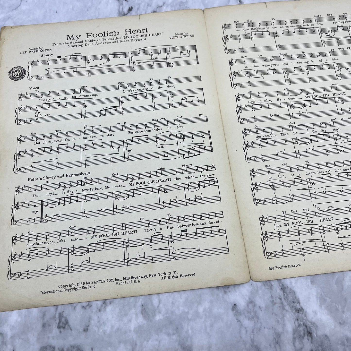 Vintage 1949 My Foolish Heart Sheet Music Hayward & Andrew Washington/Young V41-1