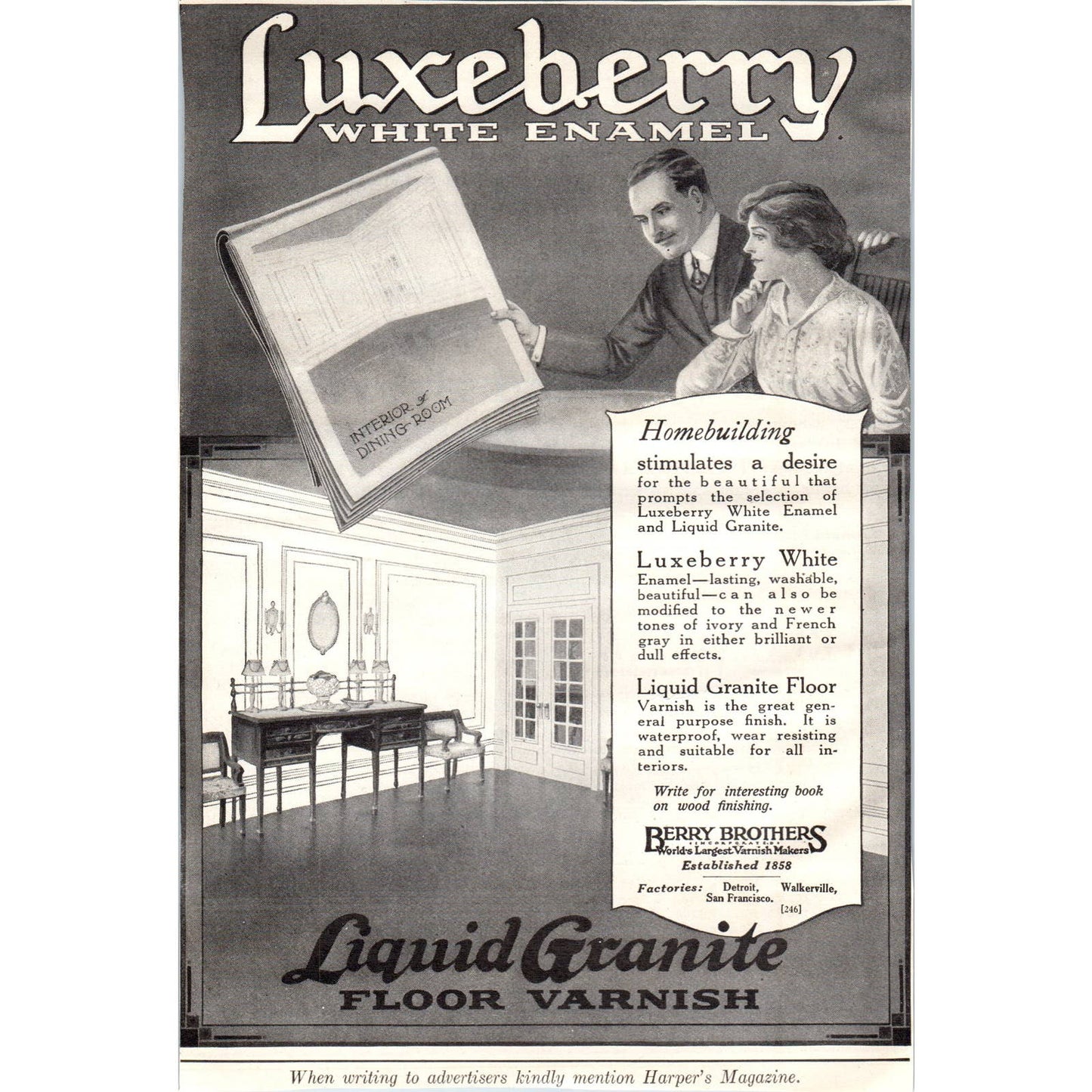 c1920 Harper's Magazine Ad - Luxeberry White Enamel Liquid Granite Varnish TF6-1