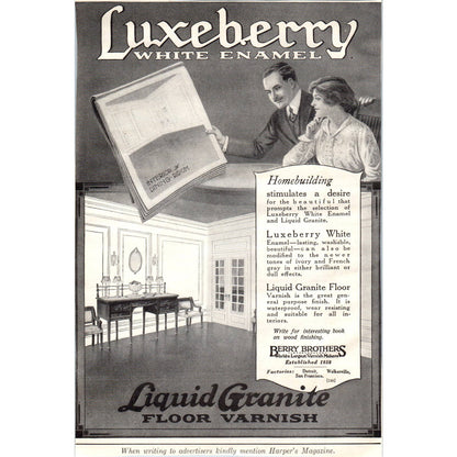 c1920 Harper's Magazine Ad - Luxeberry White Enamel Liquid Granite Varnish TF6-1