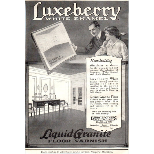 c1920 Harper's Magazine Ad - Luxeberry White Enamel Liquid Granite Varnish TF6-1