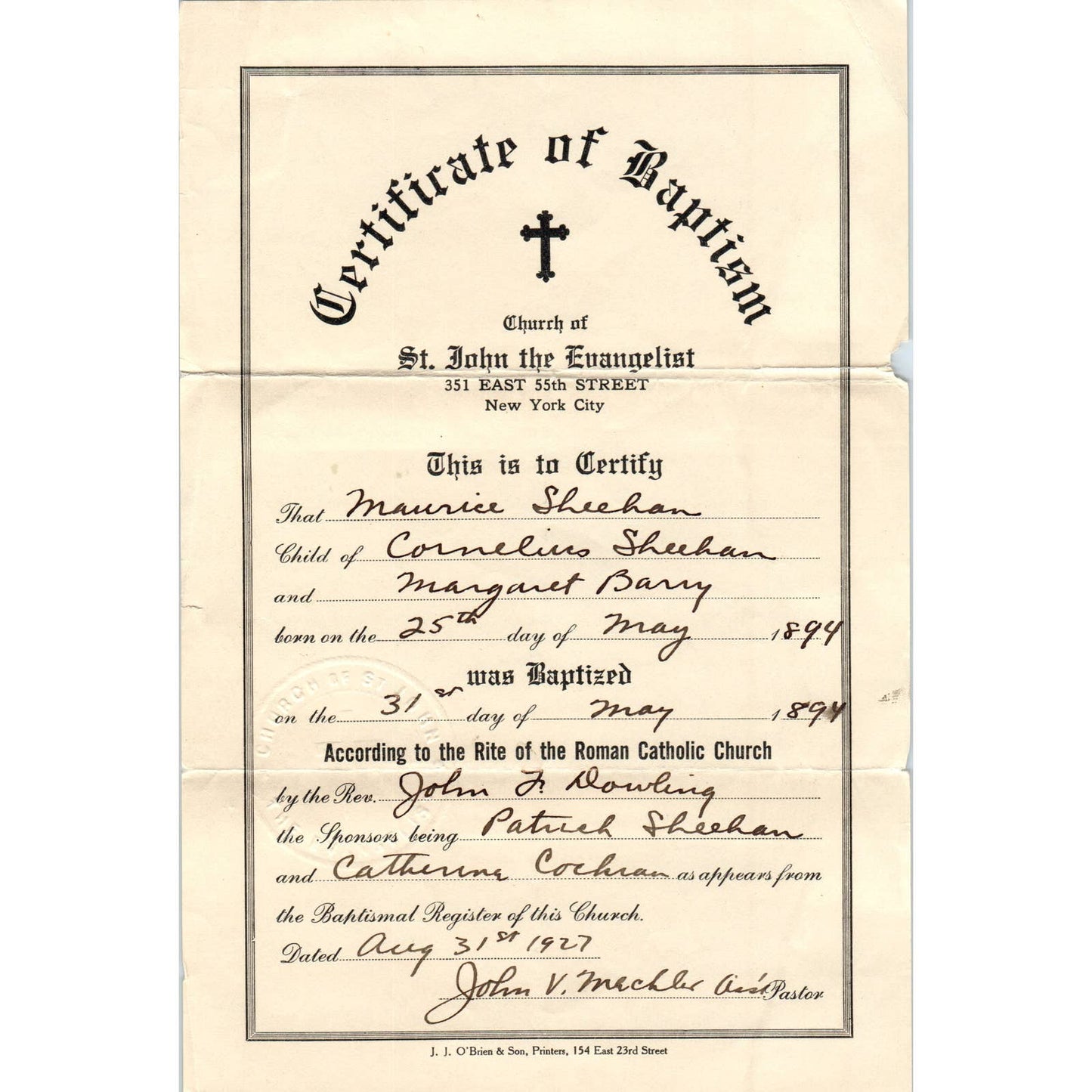 1927 Certificate of Baptism St. John The Evangelist NYC Maurice Sheehan AD4