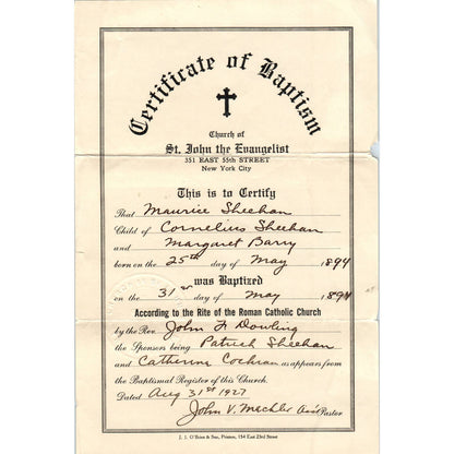1927 Certificate of Baptism St. John The Evangelist NYC Maurice Sheehan AD4