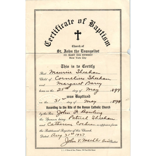 1927 Certificate of Baptism St. John The Evangelist NYC Maurice Sheehan AD4