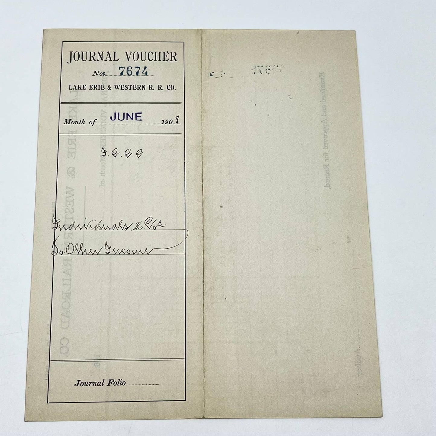 1908 Lake Erie & Western Railroad Co. Journal Voucher AB5