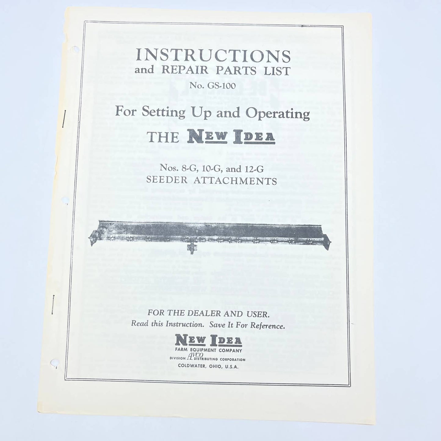 Original New Idea Instructions Repair Parts List GS-100 Seeder Attachments TB9