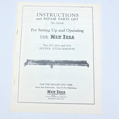 Original New Idea Instructions Repair Parts List GS-100 Seeder Attachments TB9