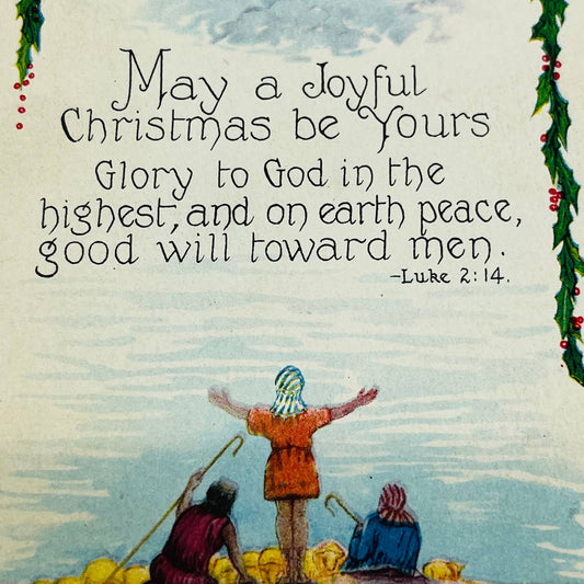 1926 Christmas Post Card LUKE 2:14 Angels Bells Stars Shepards Holly PA4