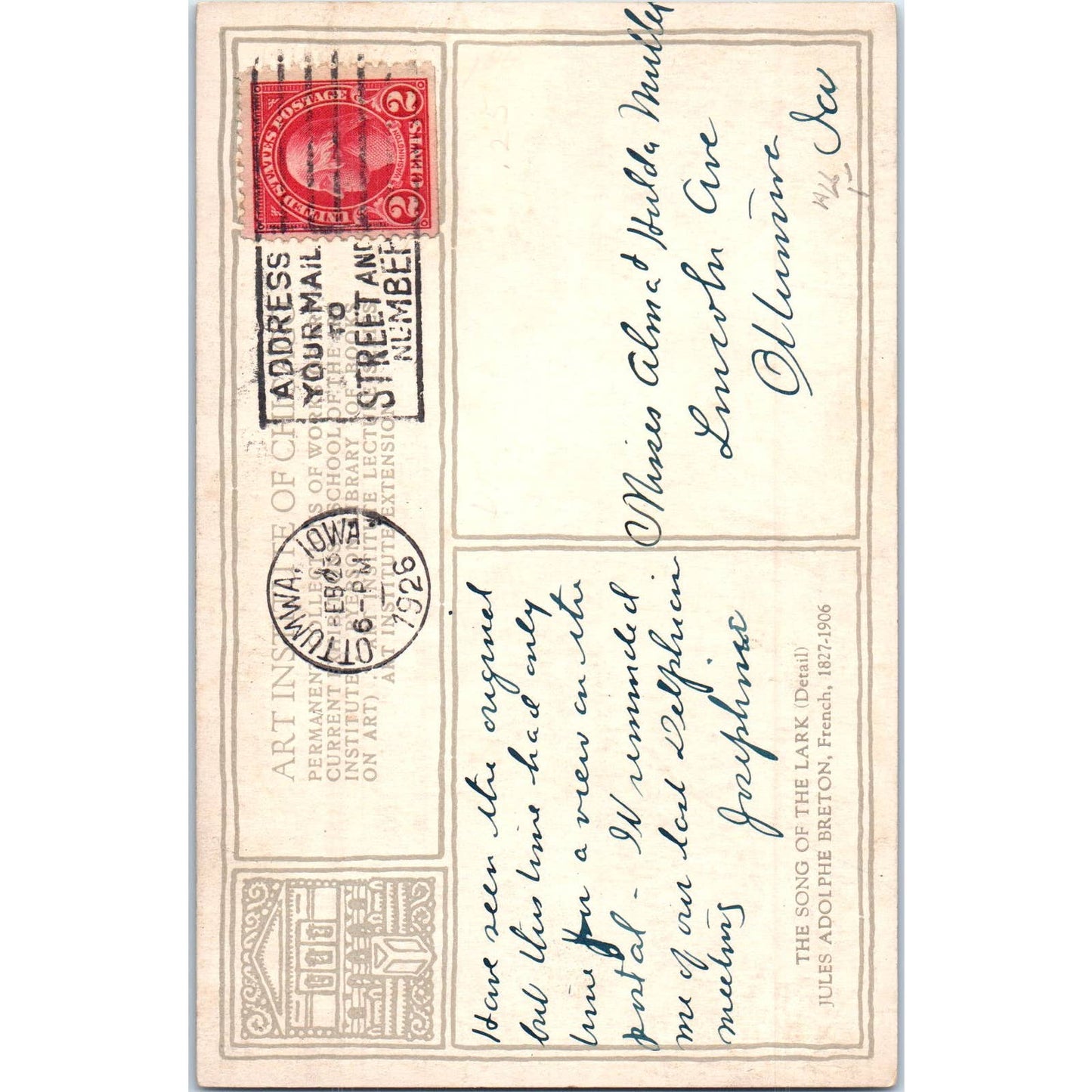 Art Institute of Chicago Song of the Lark Jules Adolphe Breton Postcard TK1-P13