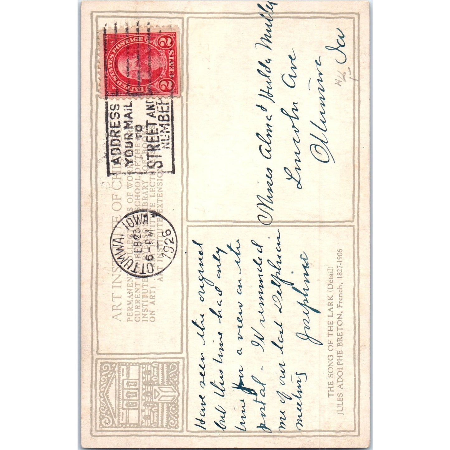 Art Institute of Chicago Song of the Lark Jules Adolphe Breton Postcard P2-3