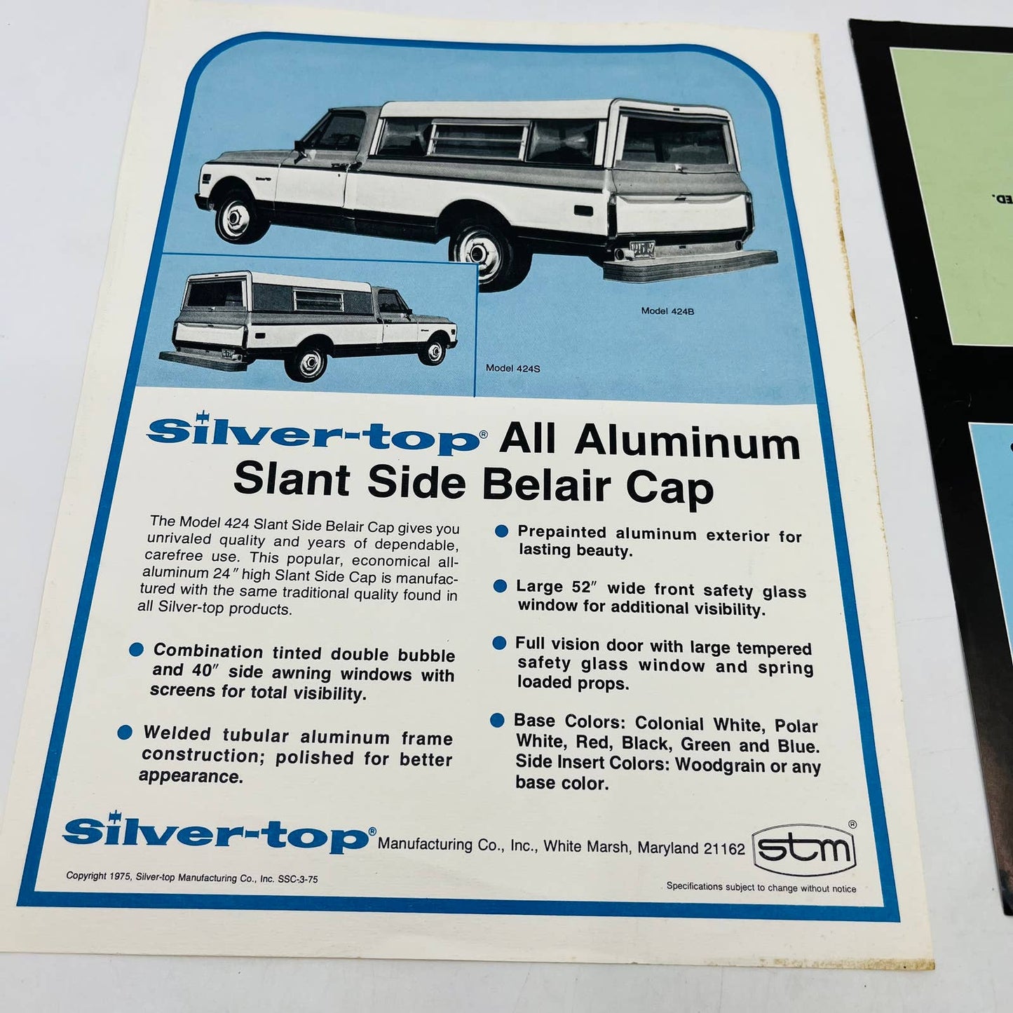 1975 Silver-Top Pickup Truck Topper Flyers Ford Chevy El Camino White Marsh C13