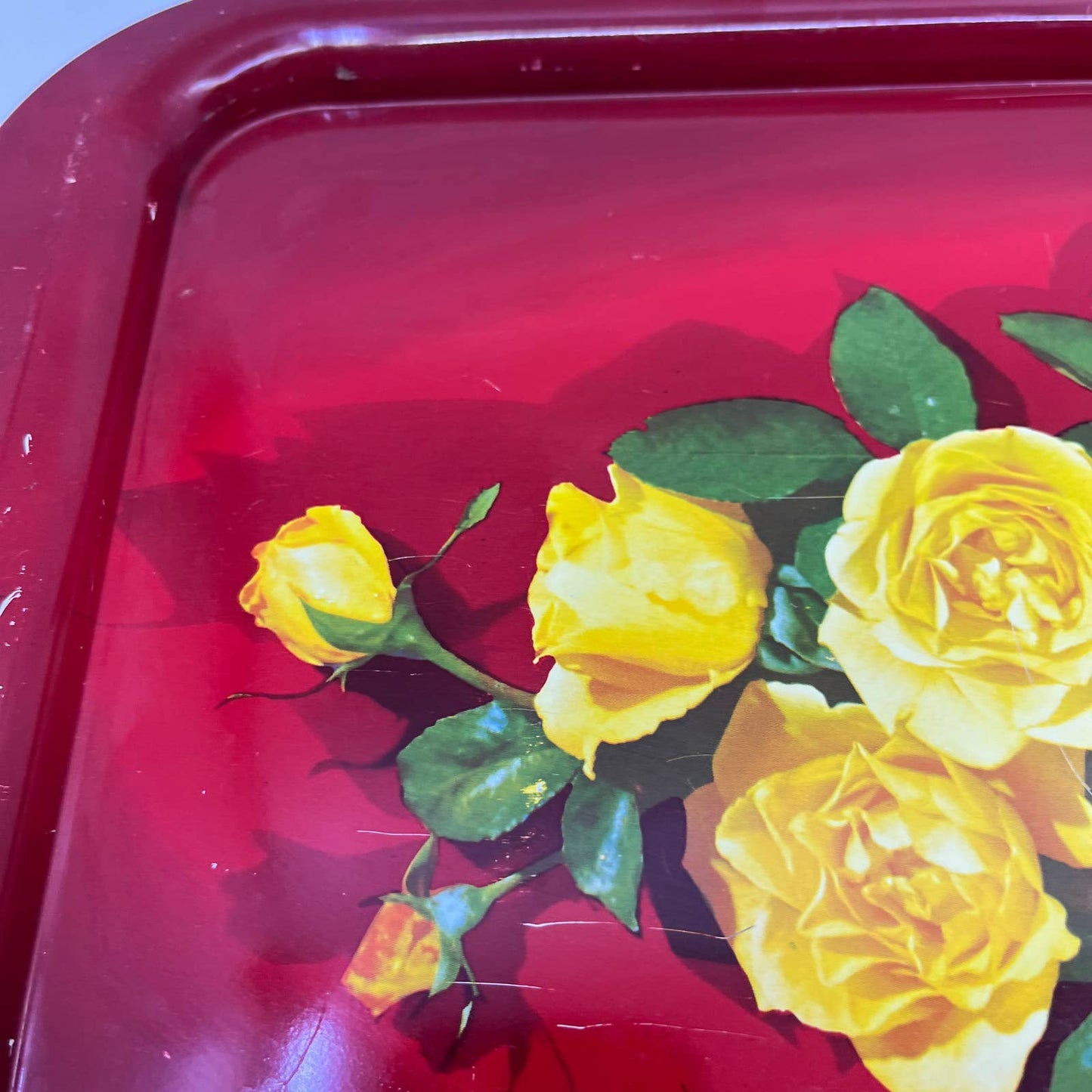 Vintage Toleware Red Metal Tray Yellow Rose Flowers 11x14" Set Of 3 TI4