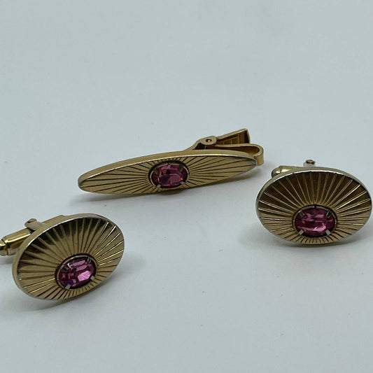 1950s Anson Gold Tone Atomic Sunburst Pink Rhinestone Cufflinks & Tie Clip SE1