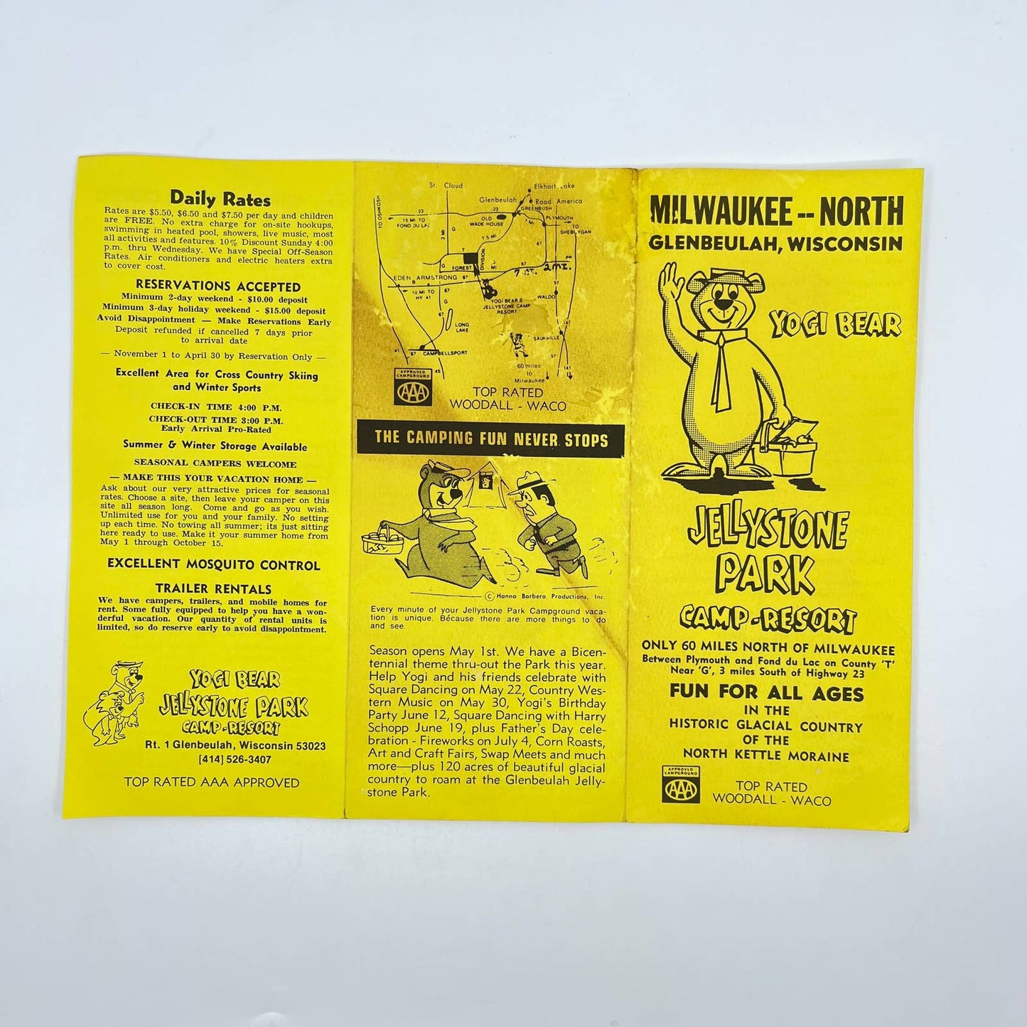 1970s Milwaukee Glenbeulah WI Yogi Bear Jellystone Park Brochure Fold Out SC6