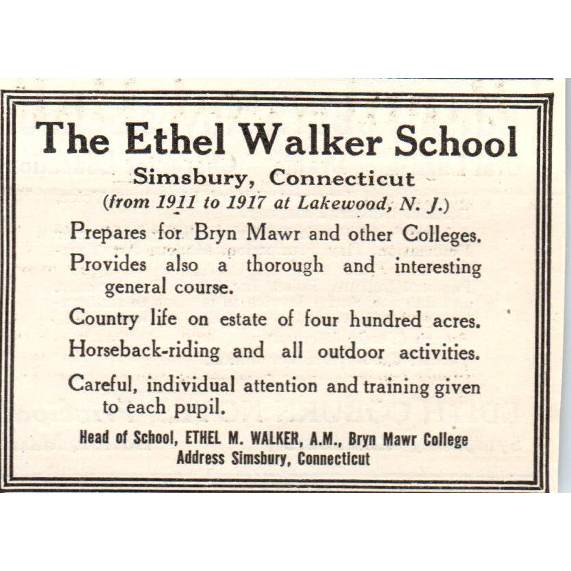 c1920 Harper's Magazine Ad Ethel Walker School Simsbury CT Ethel M. Walker EA3-2