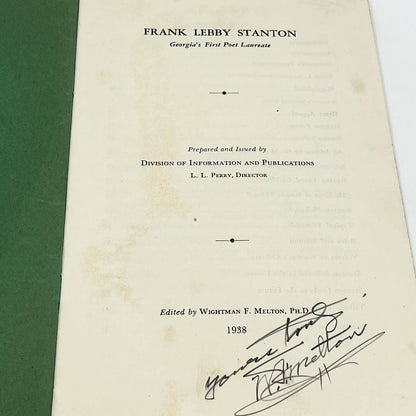 1938 Frank Libby Stanton Booklet Georgia Dept. Education Signed by W. Melton TE8