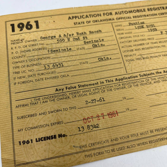 1961 Application for Automobile Registration George & Ruth Roach Seminole OK AC9