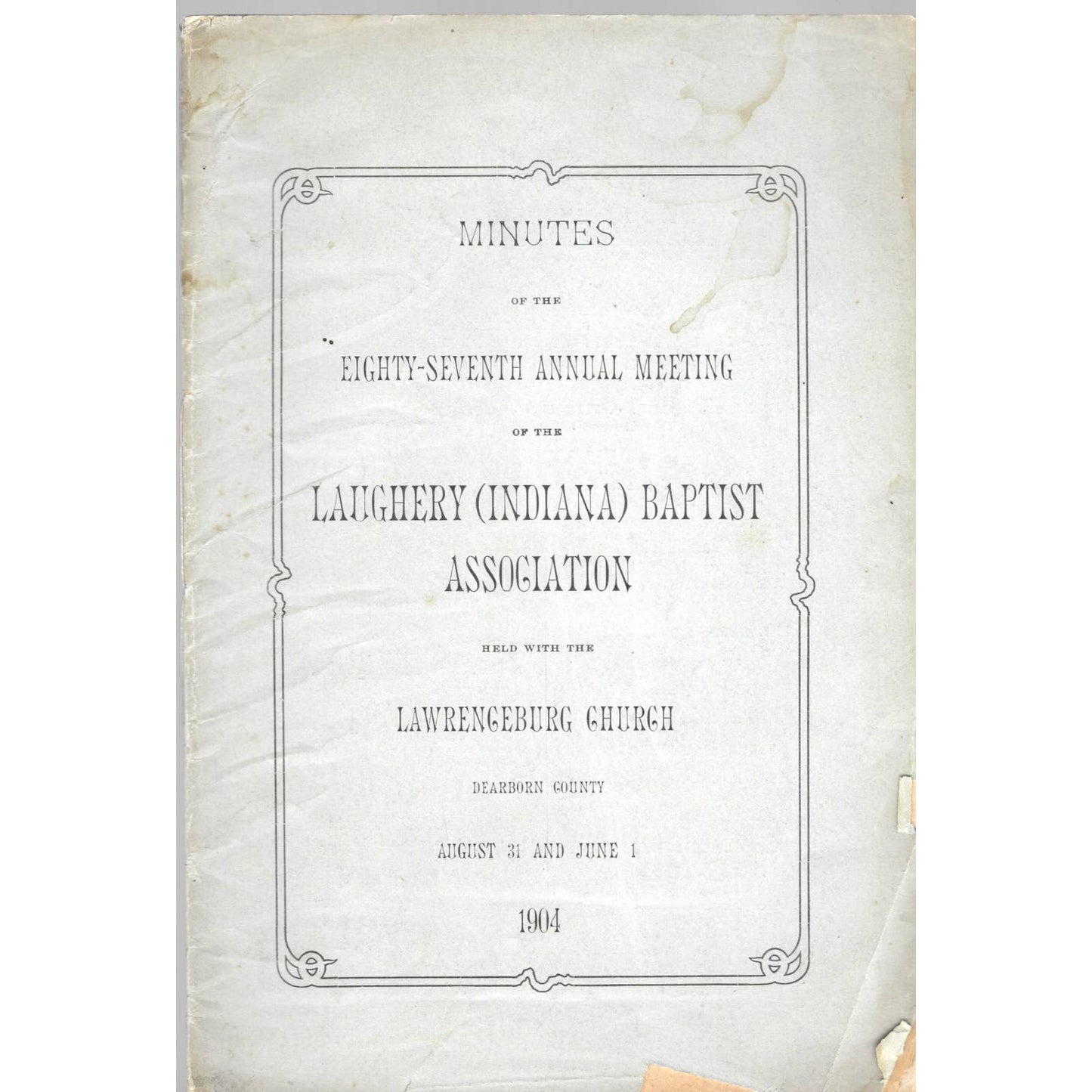 1904 Laughery Indiana Baptist Association Lawrenceburg Church Minutes TJ7