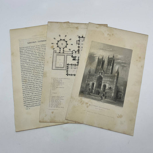 1836 Original Art Engraving Lincoln Cathedral West Front Floor Plan and Bio TG6-