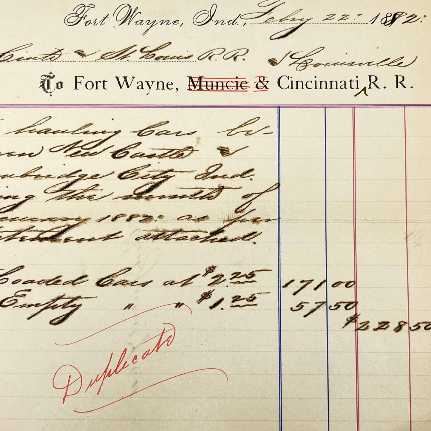 1882 Fort Wayne, Muncie & Cincinnati Railroad RR Letterhead Billhead AB1-4