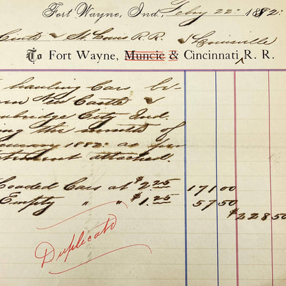 1882 Fort Wayne, Muncie & Cincinnati Railroad RR Letterhead Billhead AB1-4