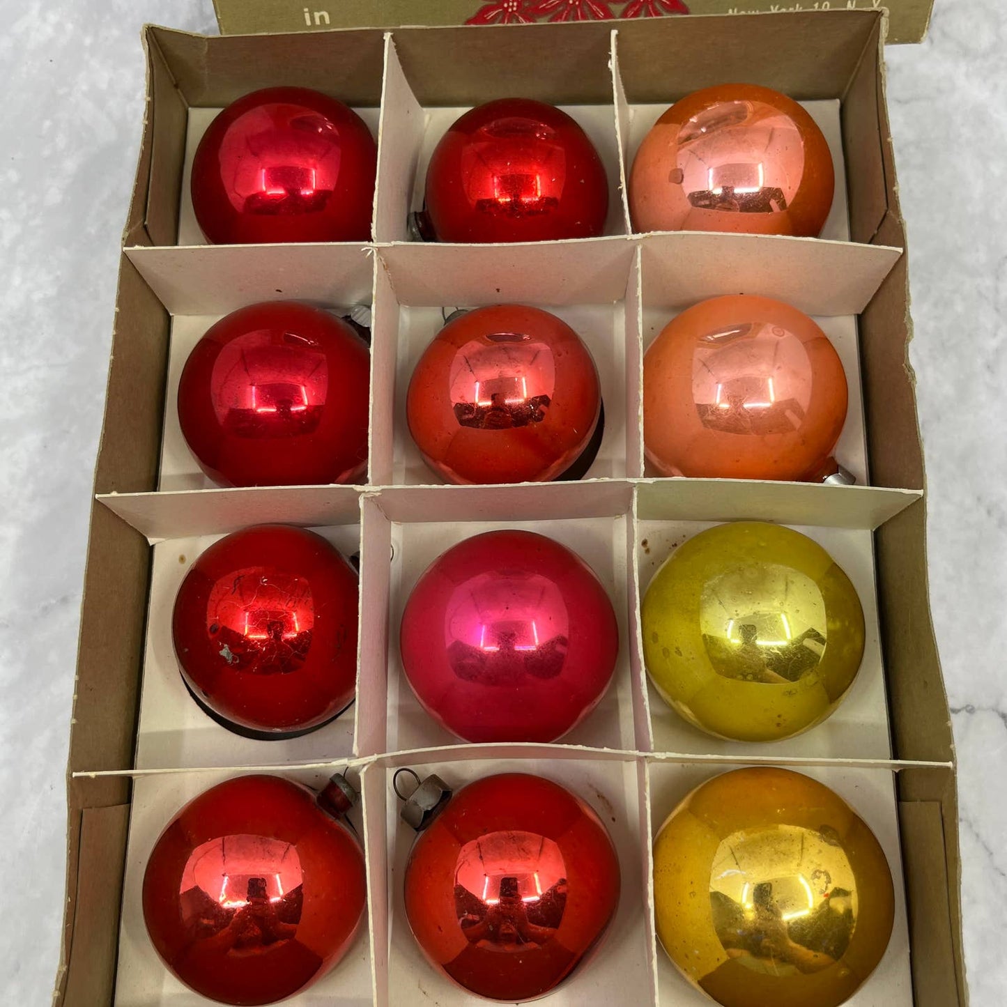 Miro Star 12 Vintage Glass Ornaments With Original Box Red Pink Yellow 2 1/4"