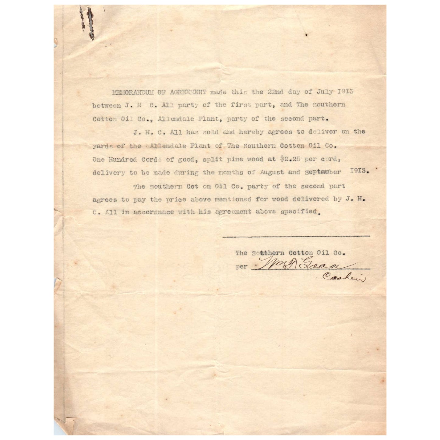 1913 Memorandum of Agreement - The Southern Cotton Oil Co. Allendale SC AC9