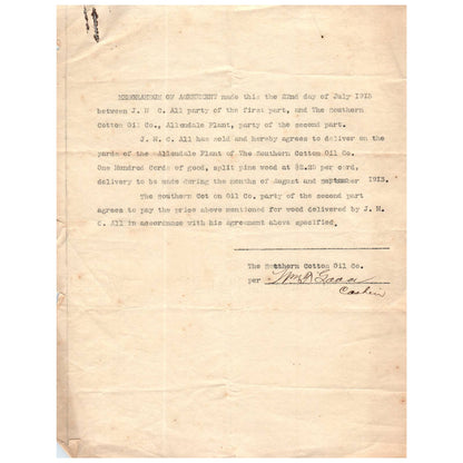 1913 Memorandum of Agreement - The Southern Cotton Oil Co. Allendale SC AC9