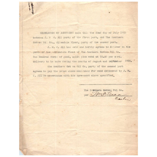 1913 Memorandum of Agreement - The Southern Cotton Oil Co. Allendale SC AC9