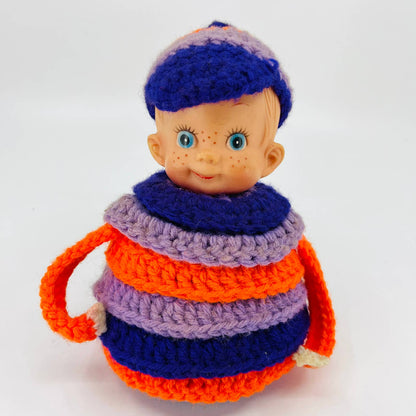 1960s Crocheted Creepy Google Eye Doll Oddity w/ Removable Hat 6” TD2