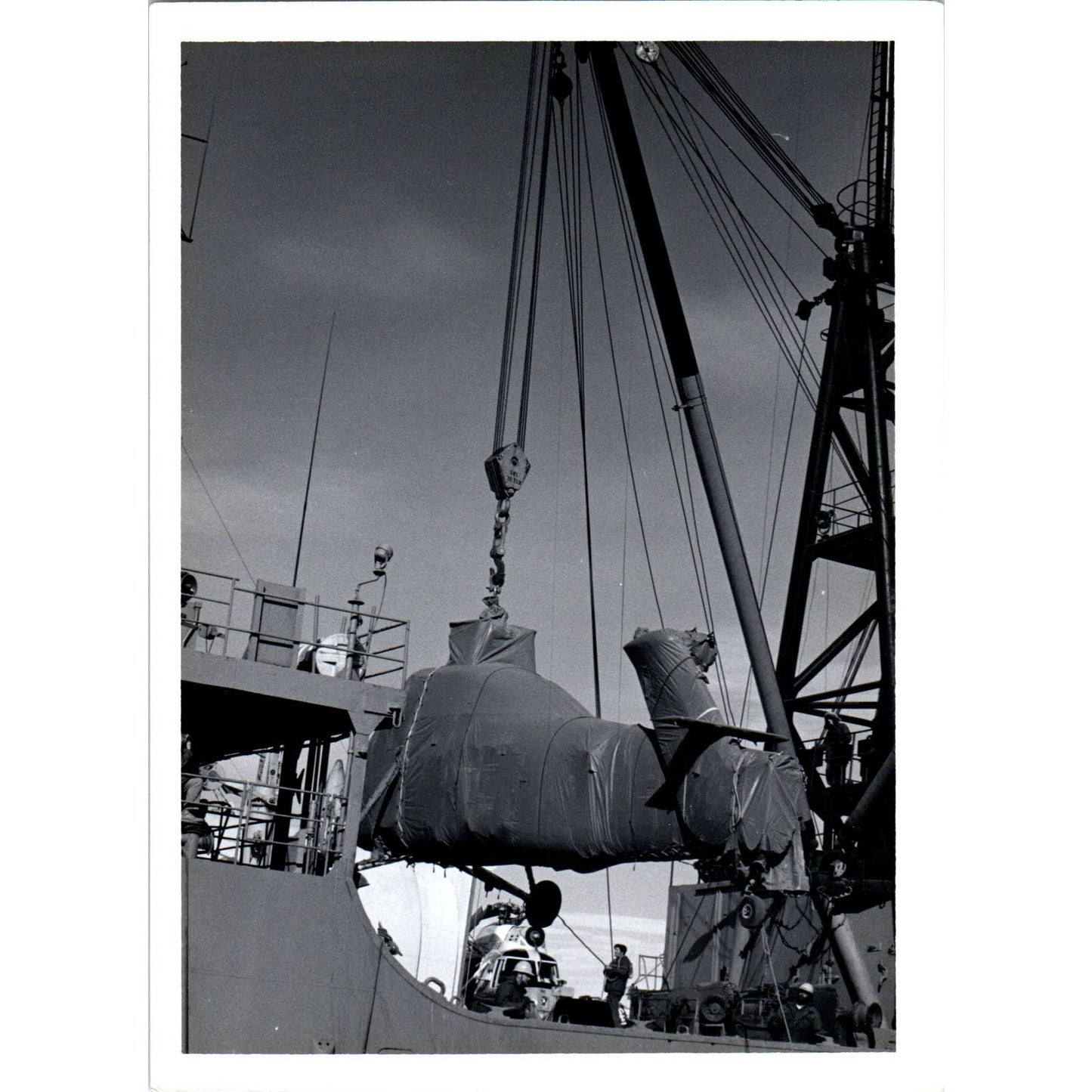 c1970 Original Photograph Lowering Wrapped Helicopter on Ship 5x7" AD6-2