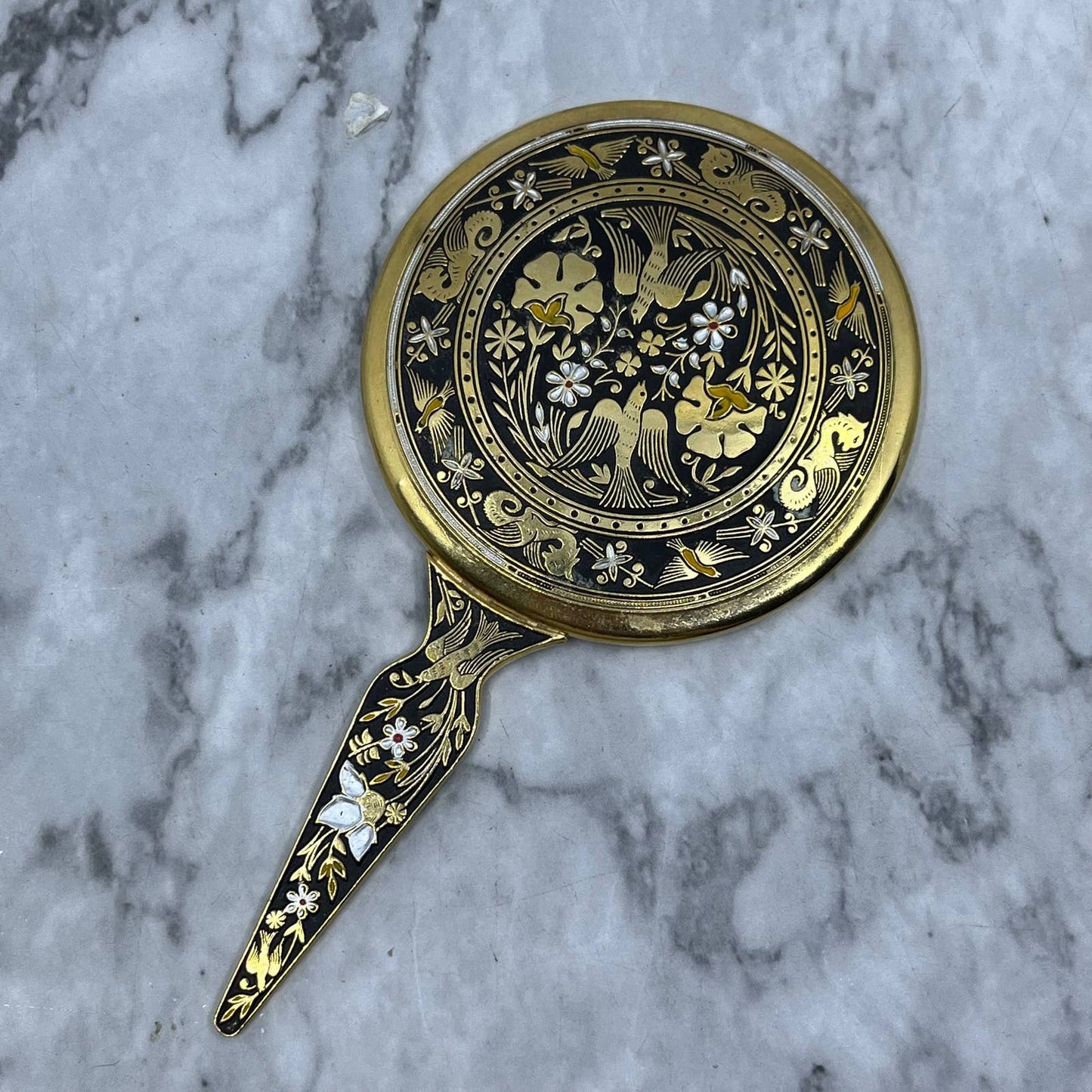 Vintage Asian Cloisonné Handheld Vanity Hand Mirror 5" TJ9