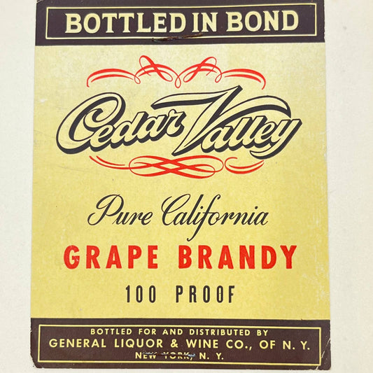 Cedar Valley California Grape Brandy Label General Liquor & Wine Co. New York NY