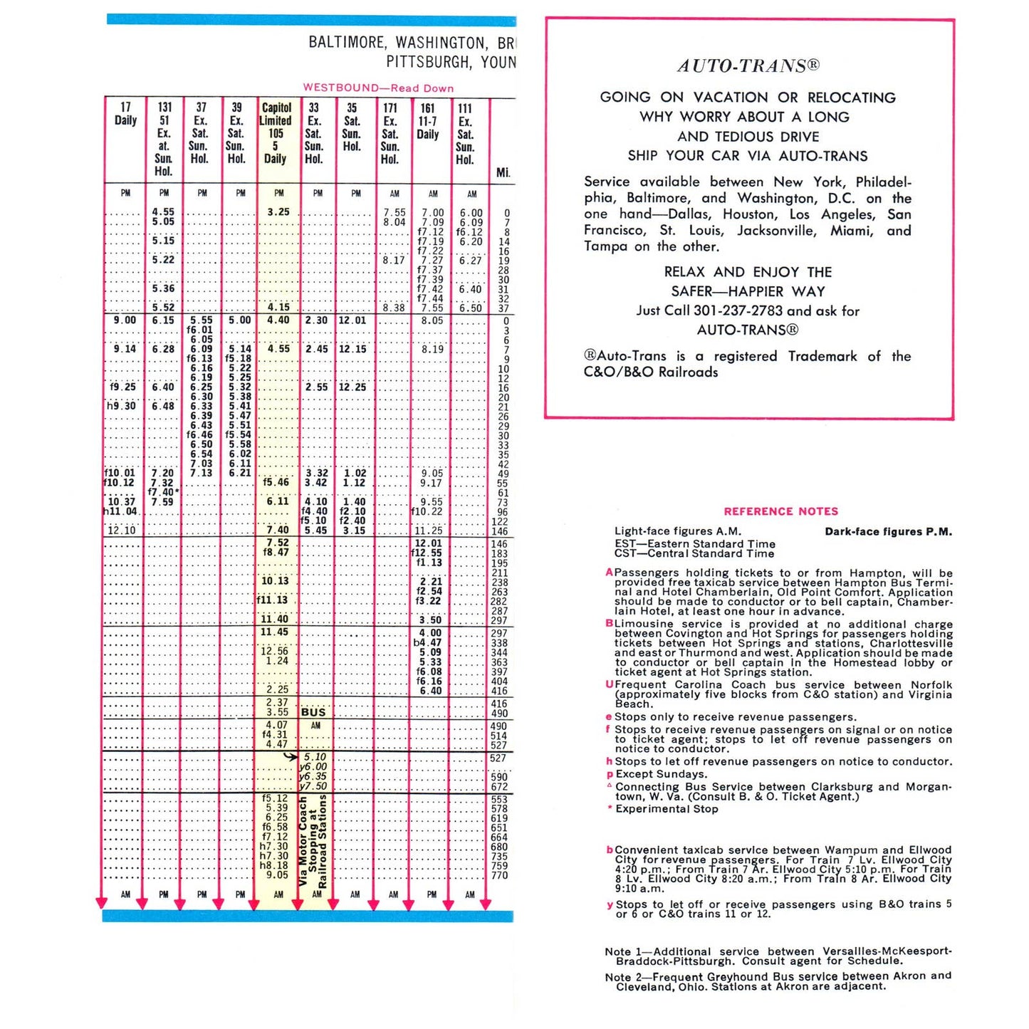 1970 C&O/B&O Railroad Passenger Services Timetable SE4