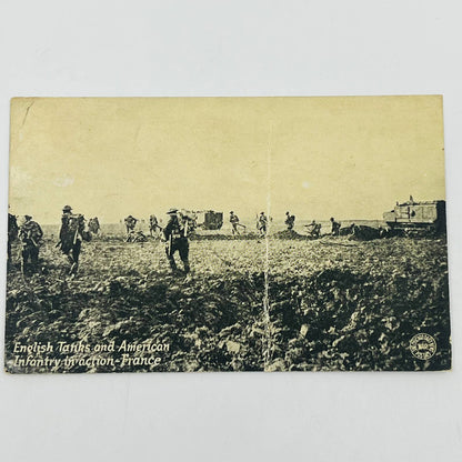 c1918 Postcard WWI English Tanks and American Inventory in Action France PA9