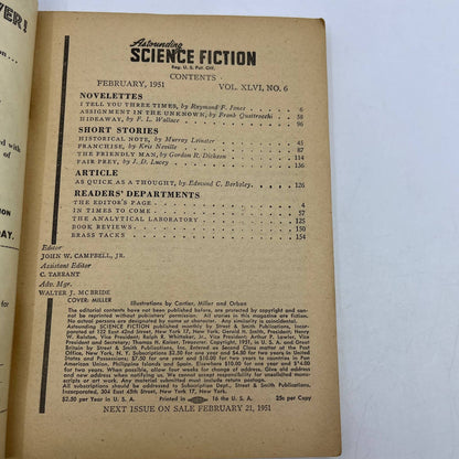 Astounding Science Fiction FL Wallace Raymond Jones Kris Neville Feb 1951 TC1