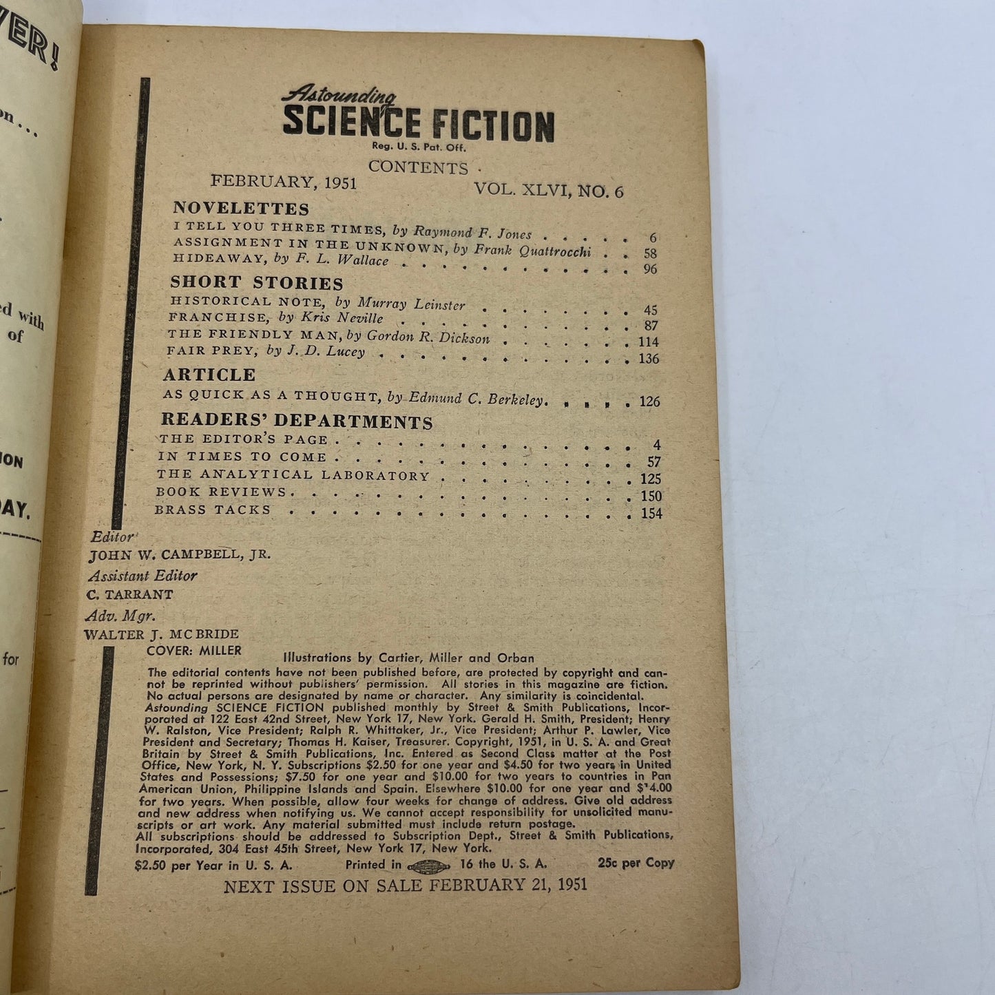 Astounding Science Fiction FL Wallace Raymond Jones Kris Neville Feb 1951 TH9