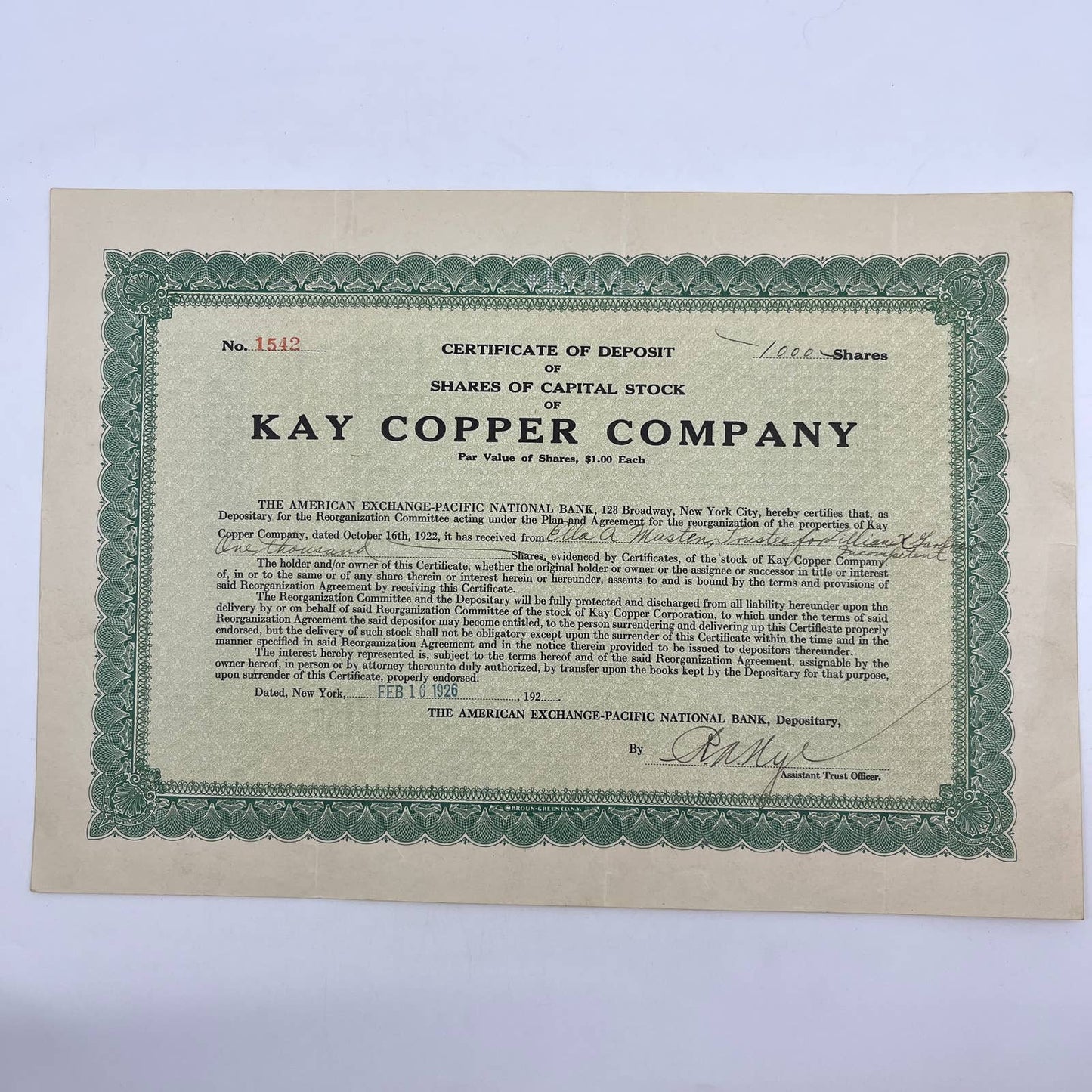 1926 Kay Copper Company Capital Stock Certificate New York FL5