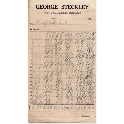 1910 George Steckley Kendallville IN Railroad Tallyman Record Sheet AD8-1