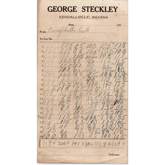 1910 George Steckley Kendallville IN Railroad Tallyman Record Sheet AD8-1